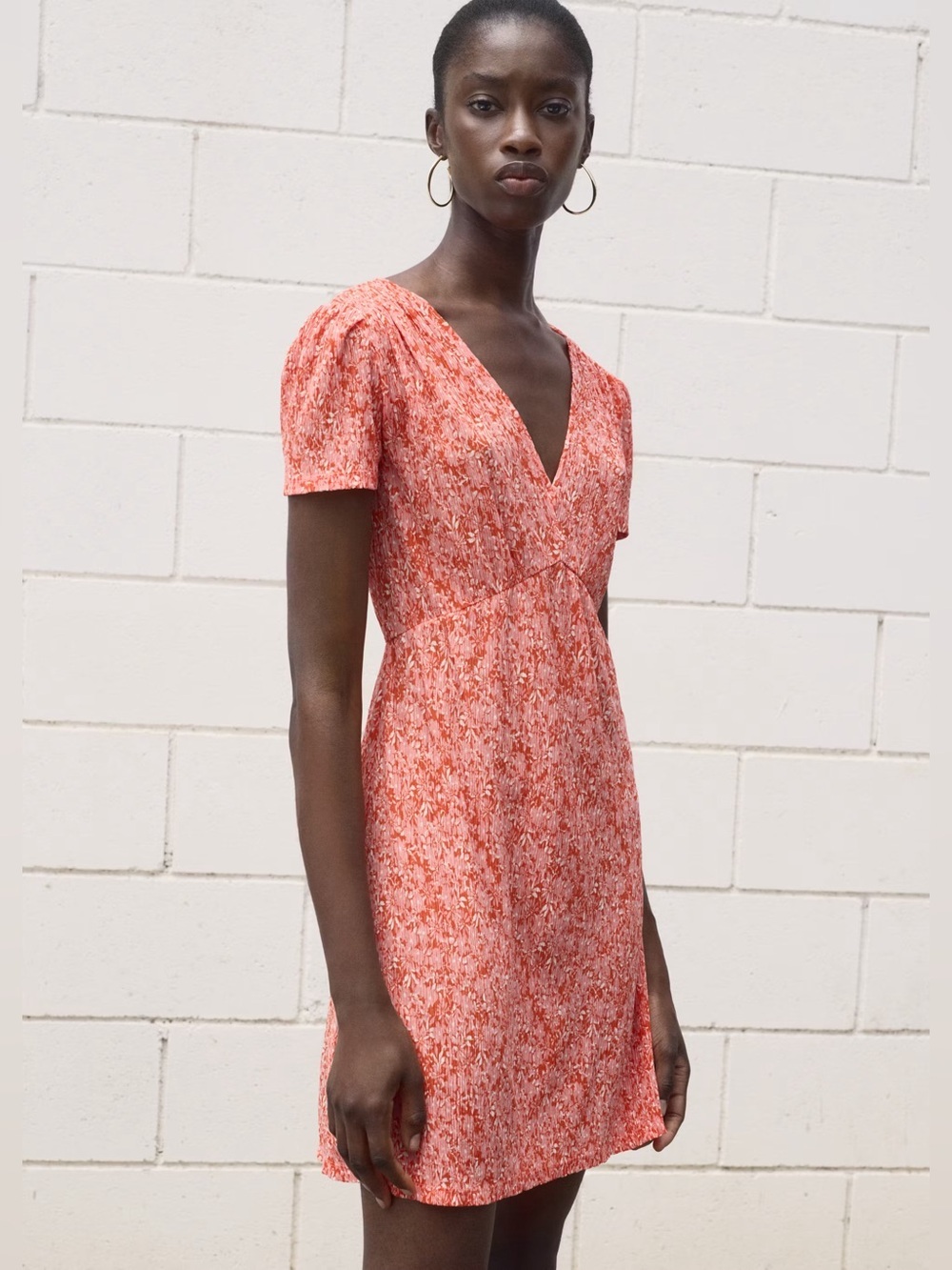 Mango Coral-Red printed v-neck dress NWT